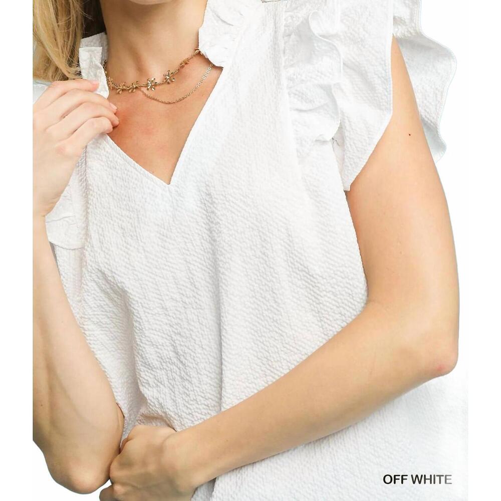 NEW UMGEE texture fabric v-neck ruffle sleeve top in off white - Picture 6 of 6